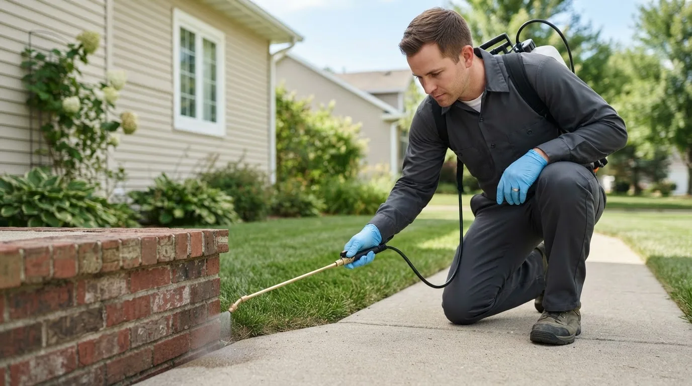 Pest control technician treating a home near Buzzards Bay, MA